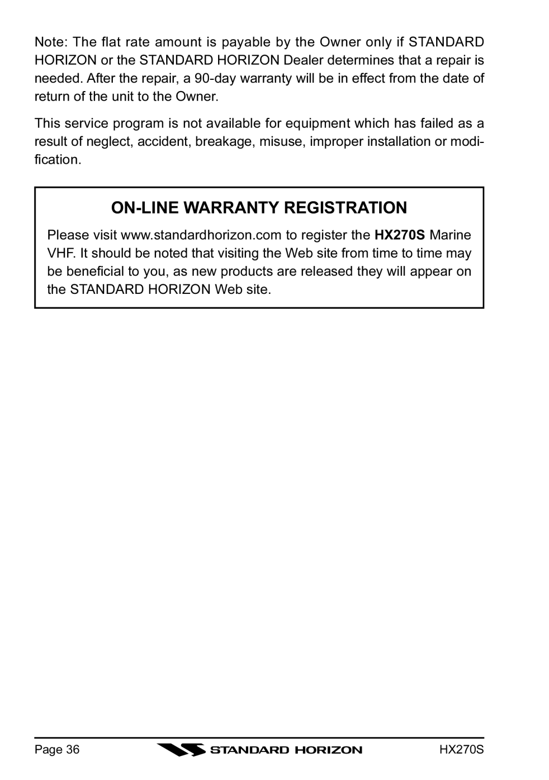 Standard Horizon HX270S owner manual ON-LINE Warranty Registration 