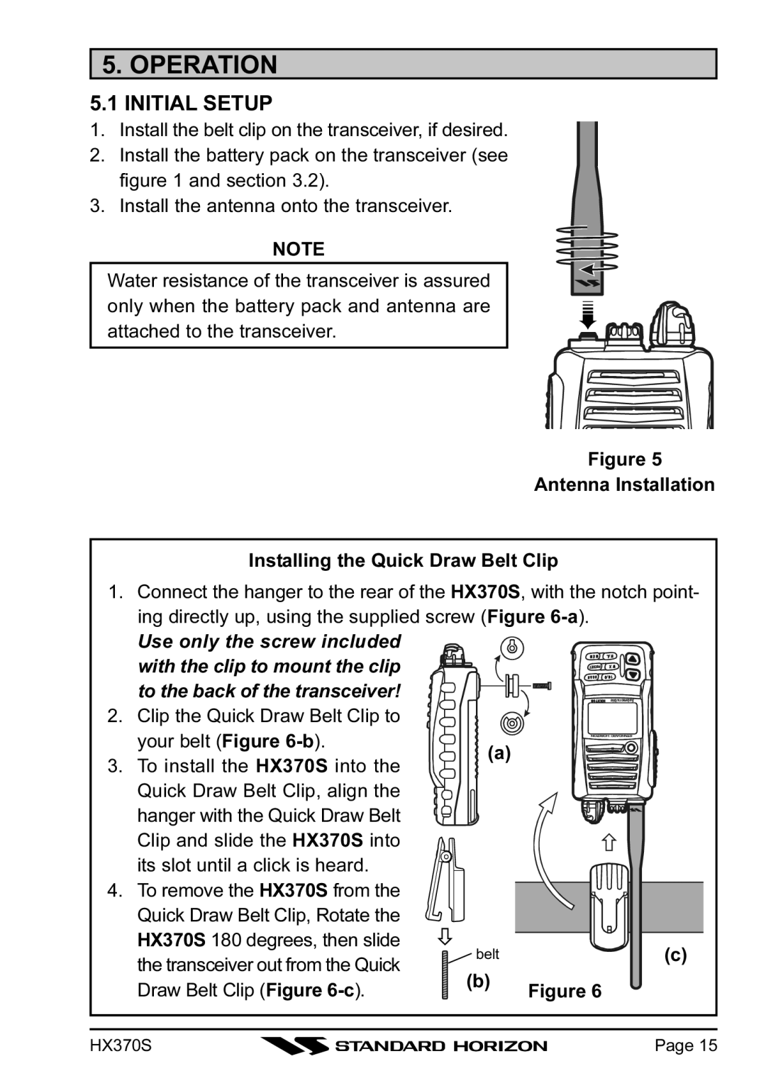 Standard Horizon HX370S owner manual Operation, Initial Setup 