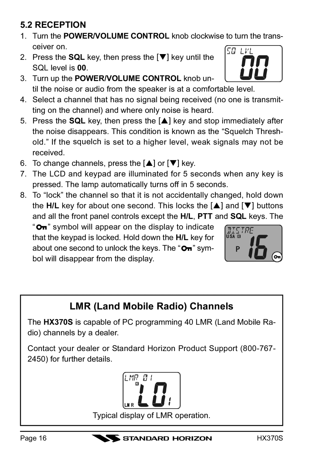 Standard Horizon HX370S owner manual LMR Land Mobile Radio Channels, Reception 