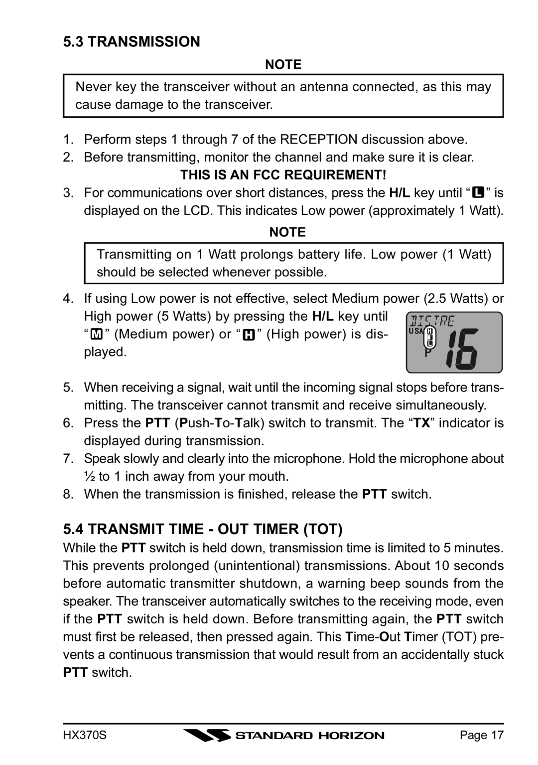 Standard Horizon HX370S owner manual Transmission, Transmit Time OUT Timer TOT, This is AN FCC Requirement 