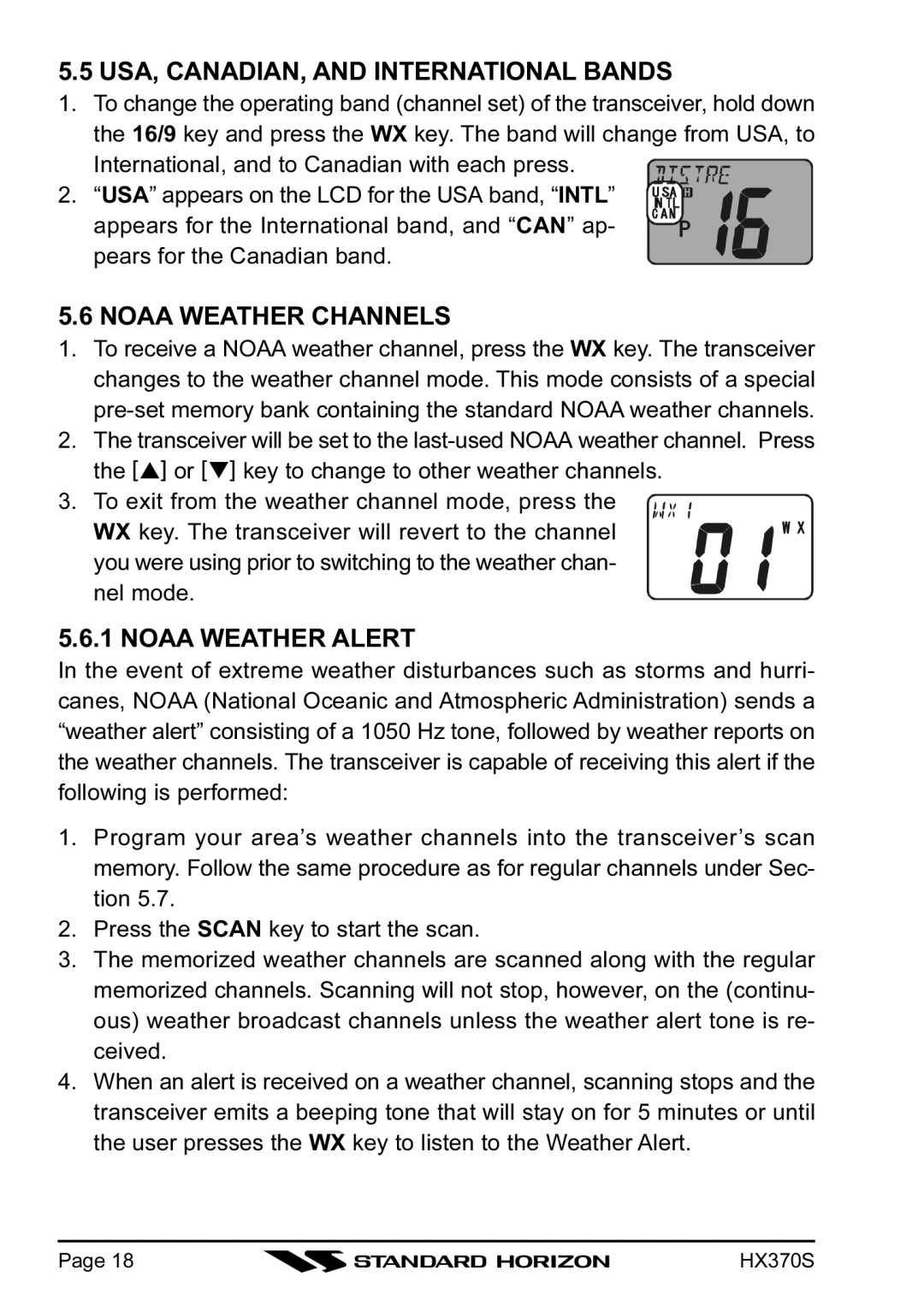 Standard Horizon HX370S owner manual USA, CANADIAN, and International Bands, Noaa Weather Channels, Noaa Weather Alert 