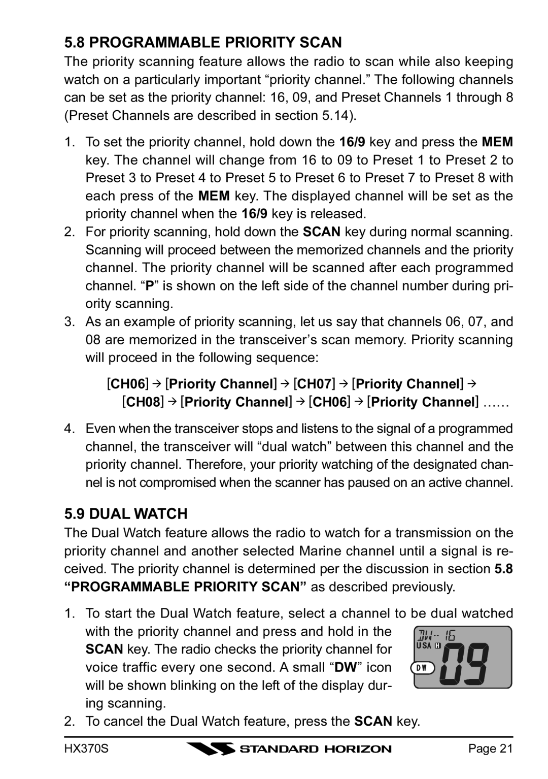 Standard Horizon HX370S owner manual Programmable Priority Scan, Dual Watch 