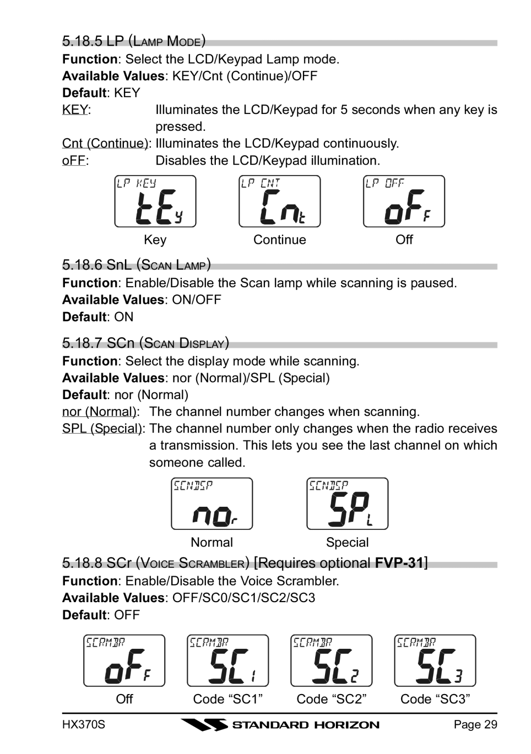 Standard Horizon HX370S owner manual LP Lamp Mode, SnL Scan Lamp, SCr Voice Scrambler Requires optional FVP-31 