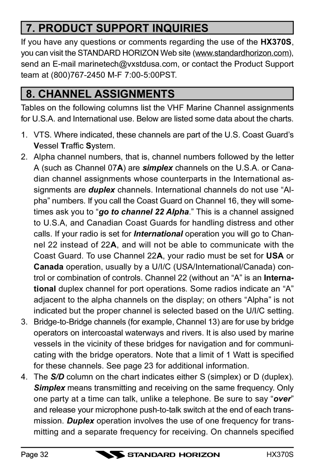 Standard Horizon HX370S owner manual Product Support Inquiries Channel Assignments 