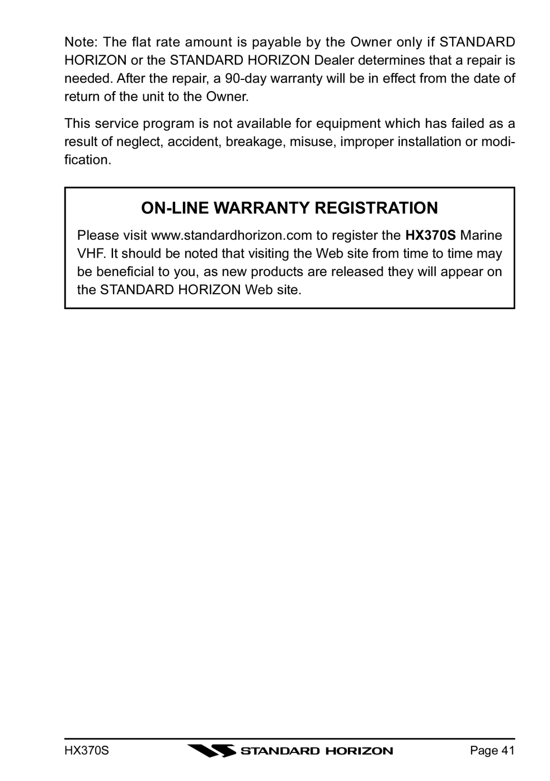 Standard Horizon HX370S owner manual ON-LINE Warranty Registration 