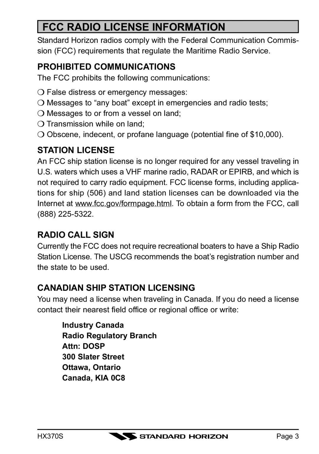 Standard Horizon HX370S FCC Radio License Information, Prohibited Communications, Station License Radio Call Sign 