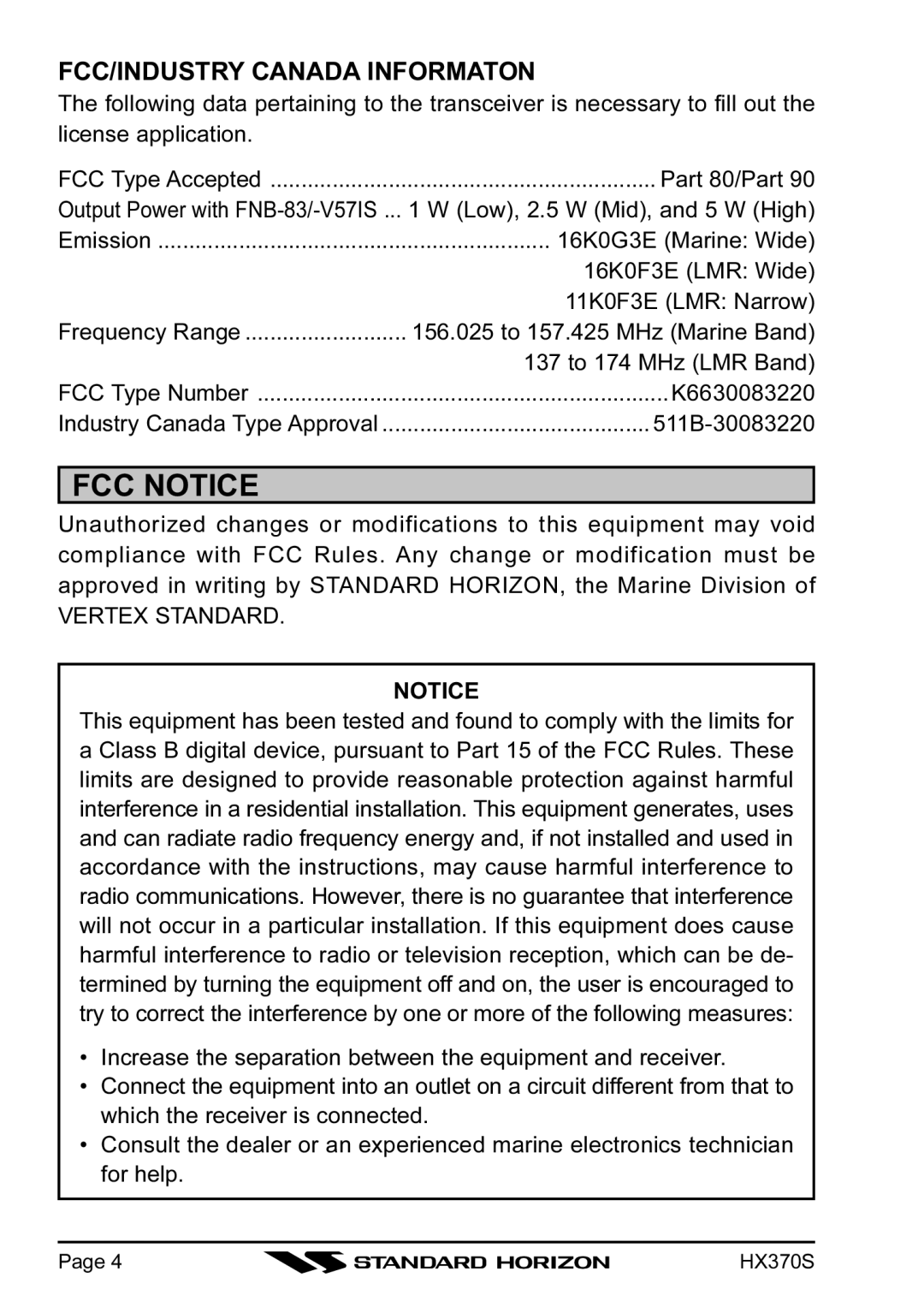 Standard Horizon HX370S owner manual FCC Notice, FCC/INDUSTRY Canada Informaton, Vertex Standard 