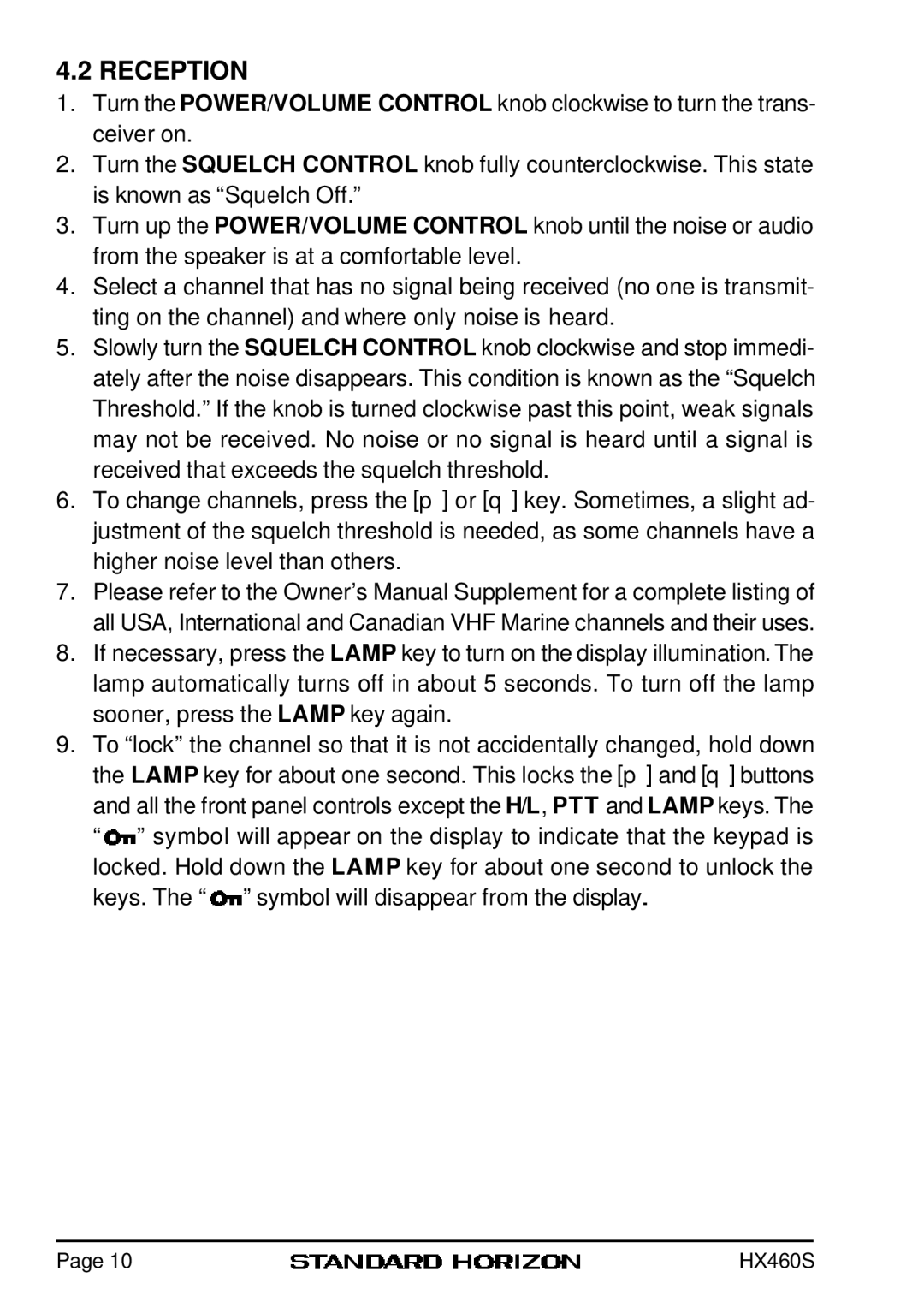 Standard Horizon HX460S owner manual Reception 