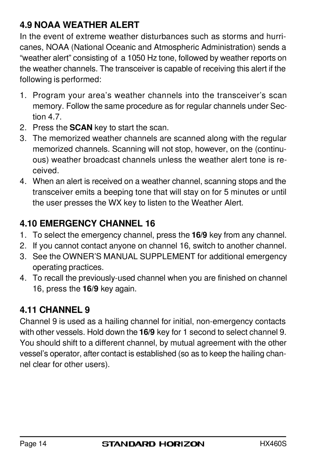 Standard Horizon HX460S owner manual Noaa Weather Alert, Emergency Channel 