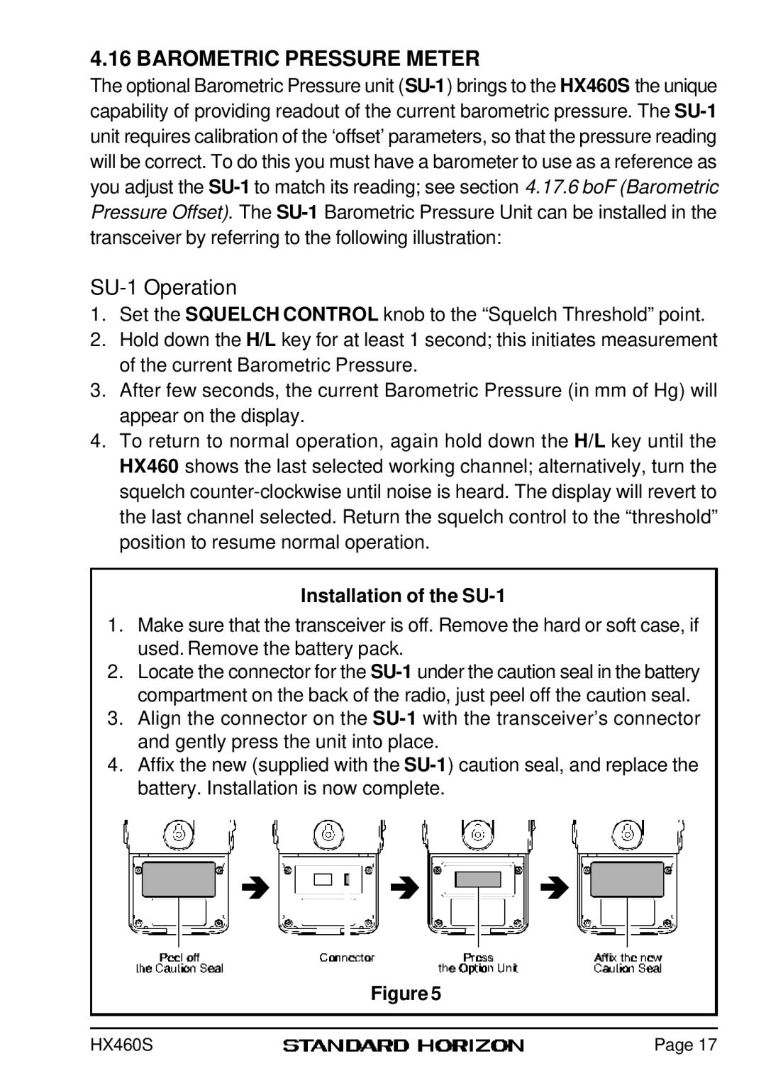 Standard Horizon HX460S owner manual Barometric Pressure Meter, SU-1 Operation 