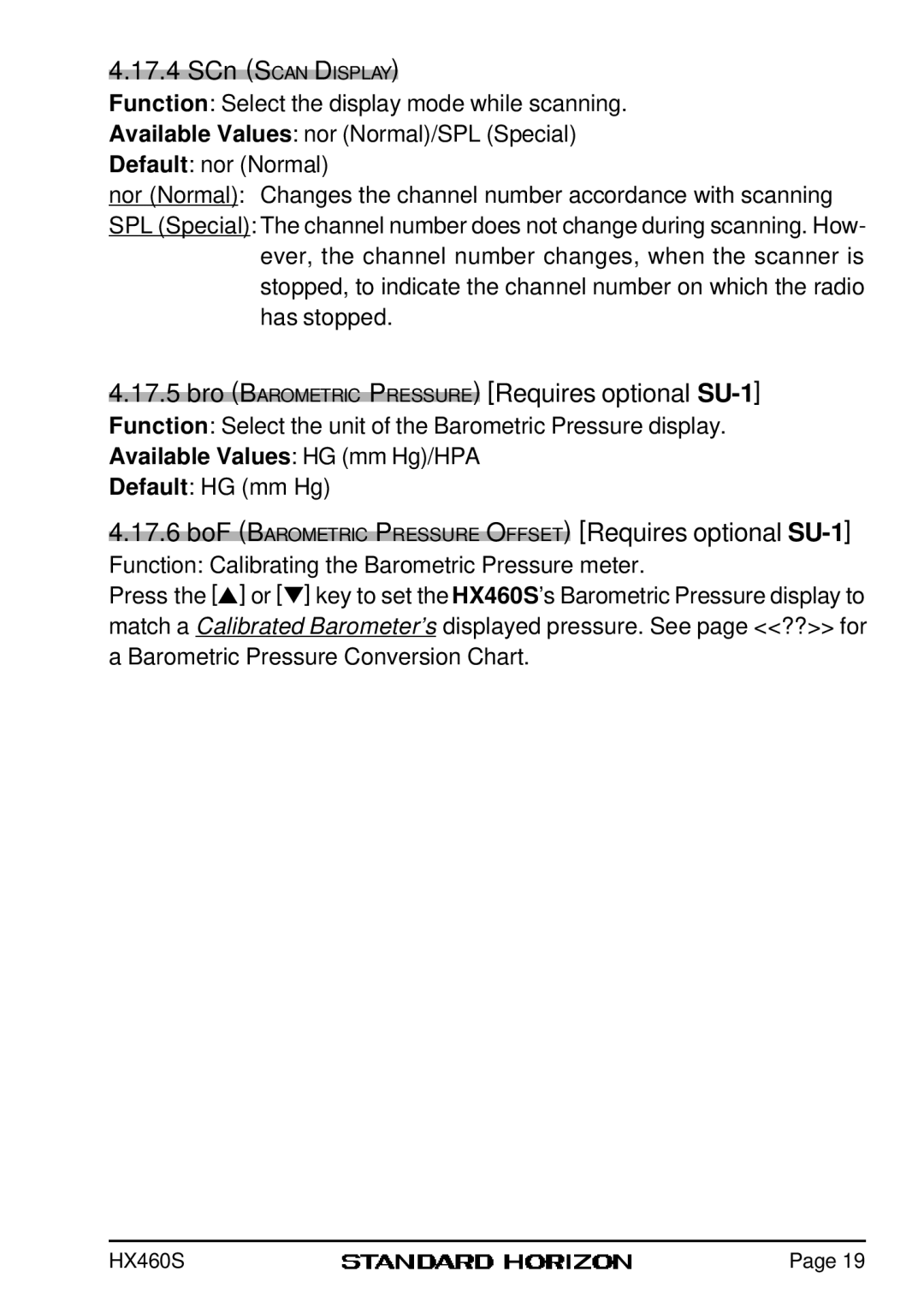 Standard Horizon HX460S owner manual Bro Barometric Pressure Requires optional SU-1 