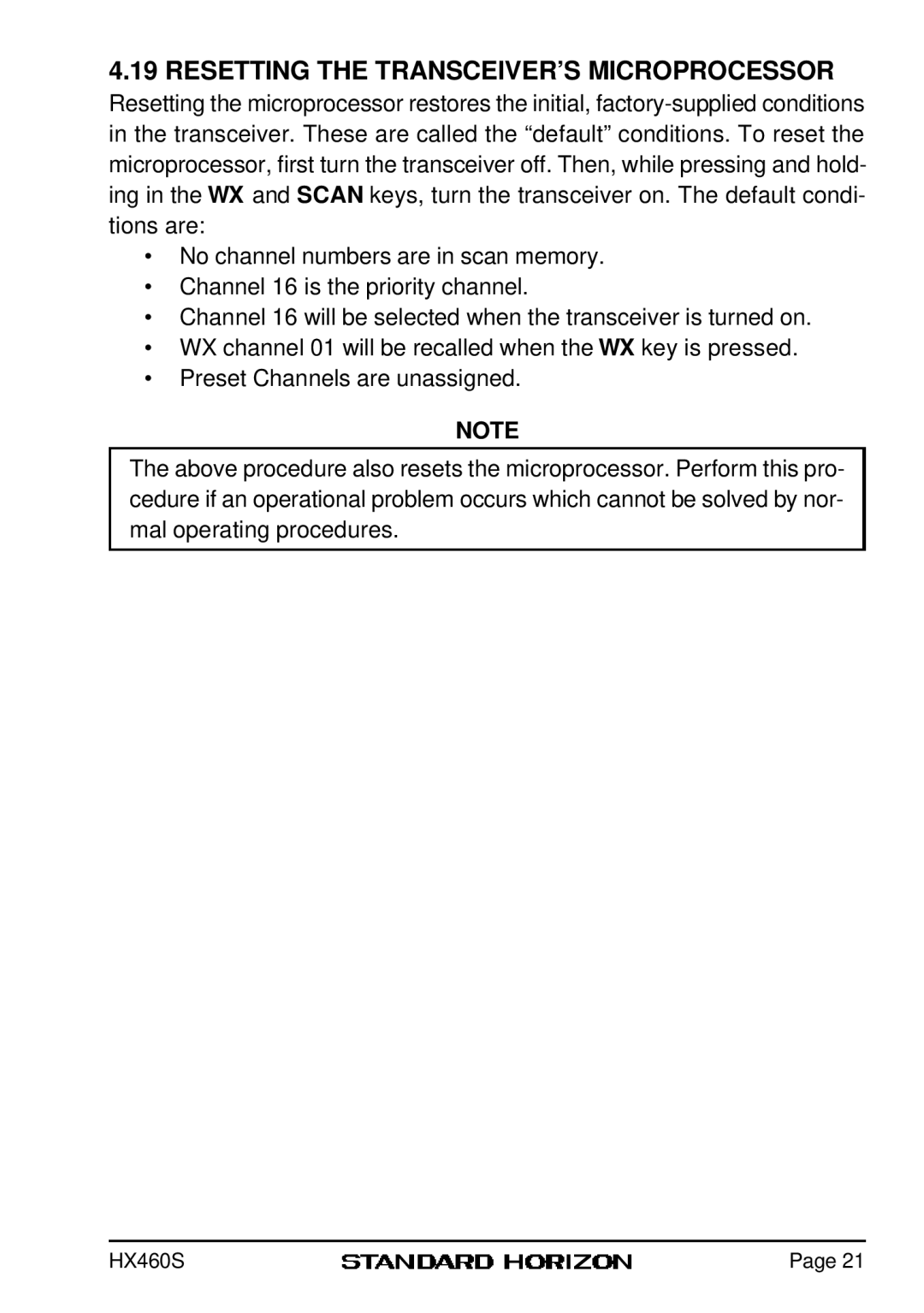 Standard Horizon HX460S owner manual Resetting the TRANSCEIVER’S Microprocessor 