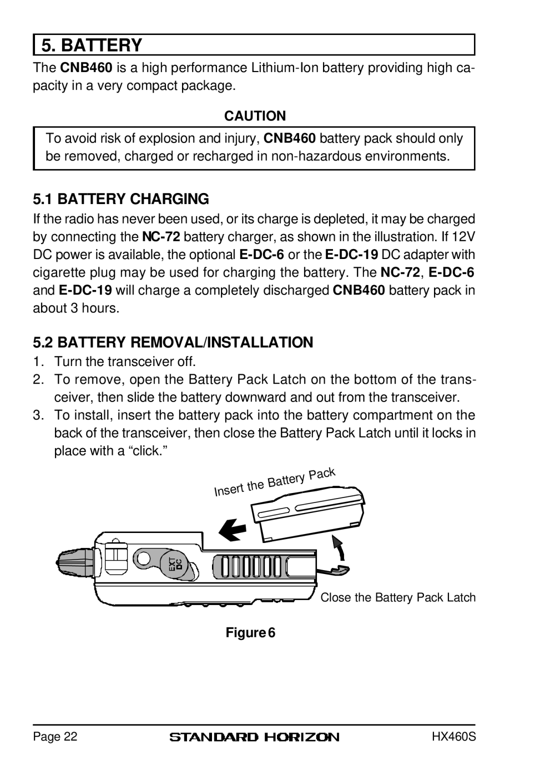 Standard Horizon HX460S owner manual Battery Charging, Battery REMOVAL/INSTALLATION 