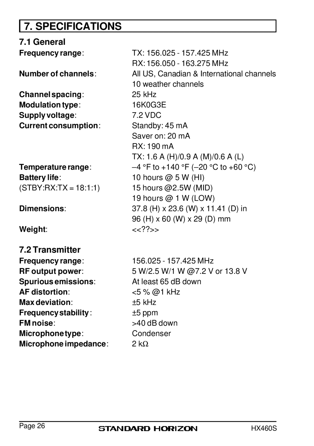 Standard Horizon HX460S owner manual Specifications, General, Transmitter 