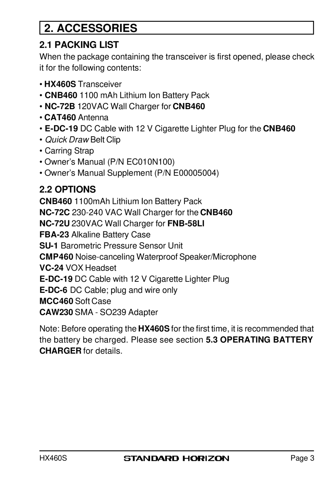 Standard Horizon HX460S owner manual Accessories, Packing List, Options 