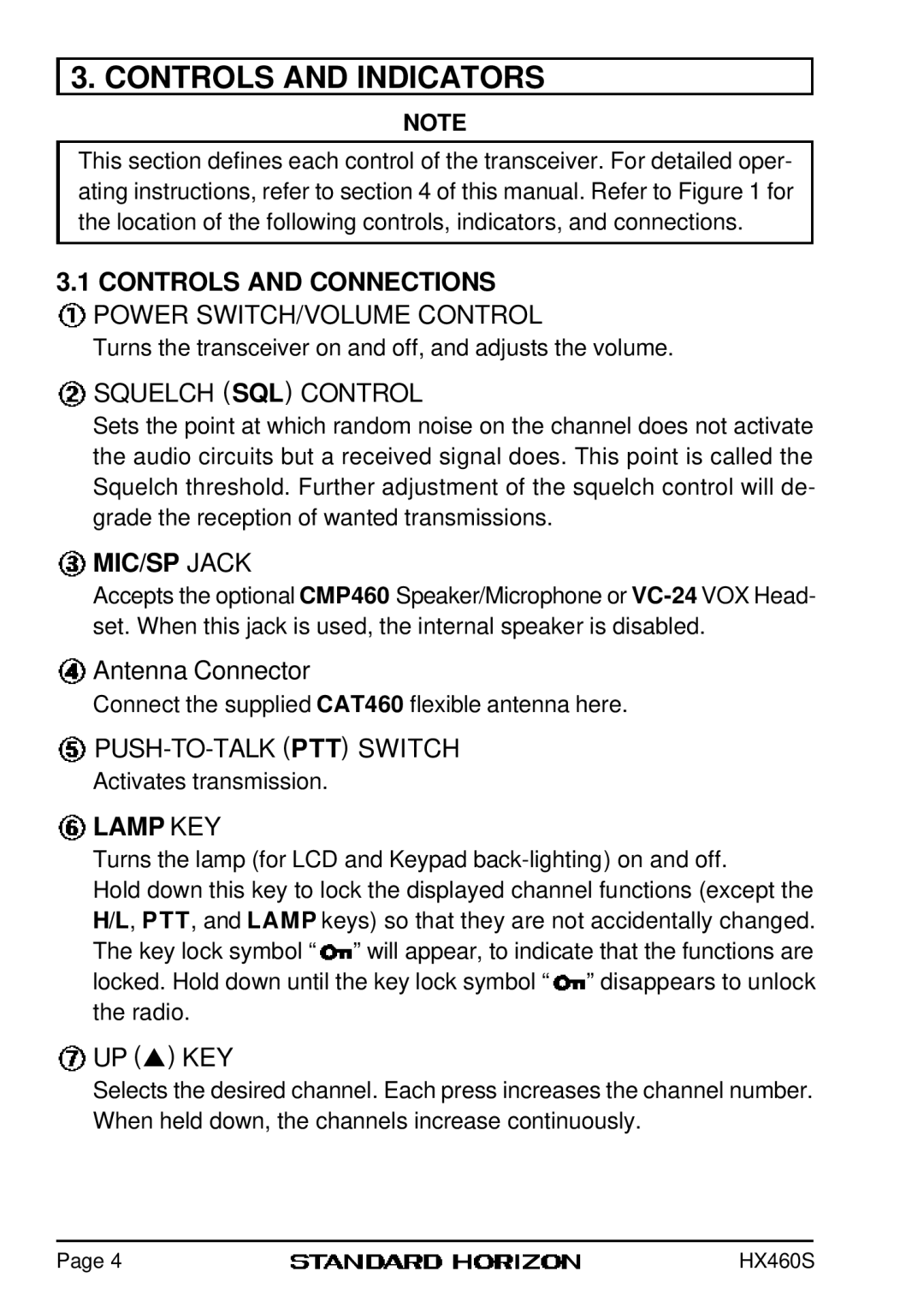 Standard Horizon HX460S owner manual Controls and Indicators, Controls and Connections, MIC/SP Jack, Lamp KEY 