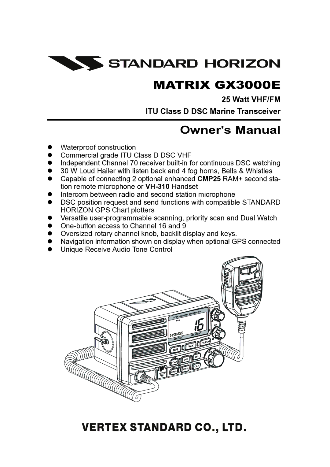 Standard Horizon Matrix GX3000E owner manual Watt VHF/FM ITU Class D DSC Marine Transceiver 