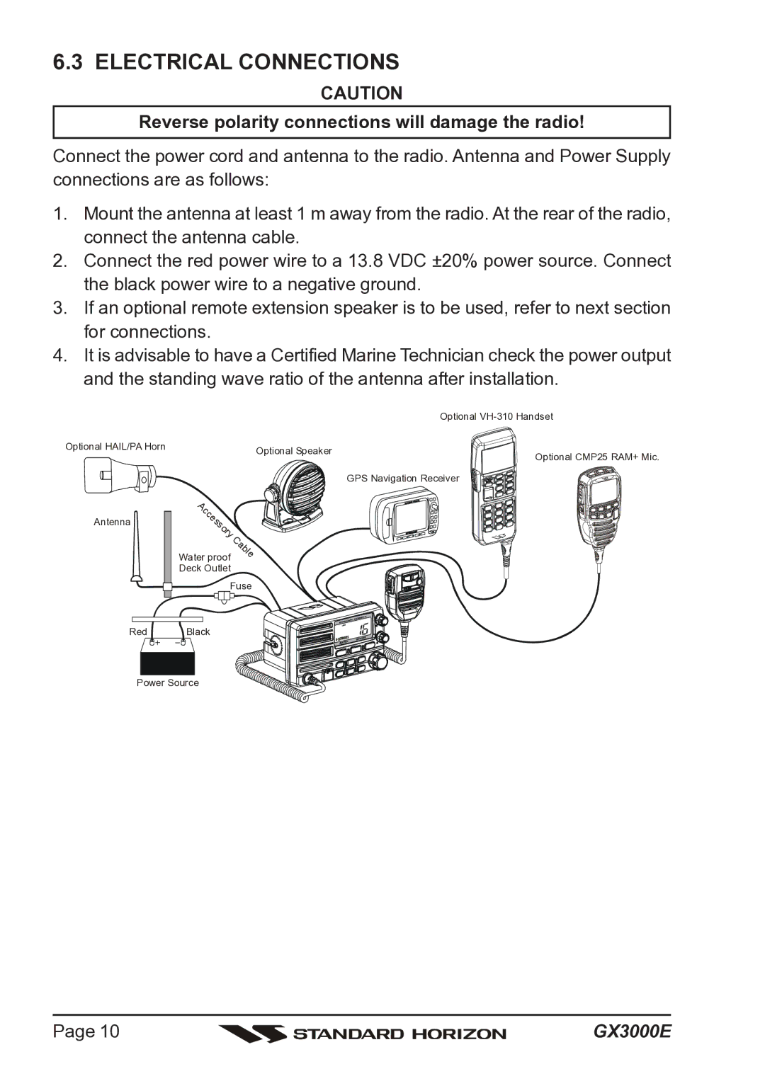 Standard Horizon Matrix GX3000E owner manual Electrical Connections, Reverse polarity connections will damage the radio 