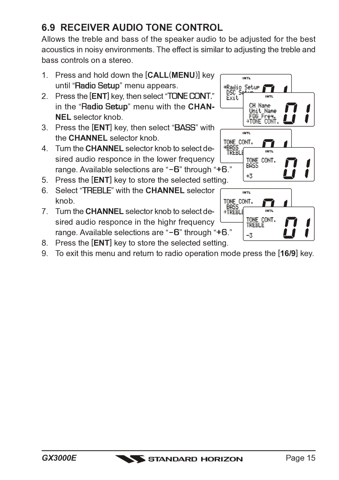 Standard Horizon Matrix GX3000E owner manual Receiver Audio Tone Control 