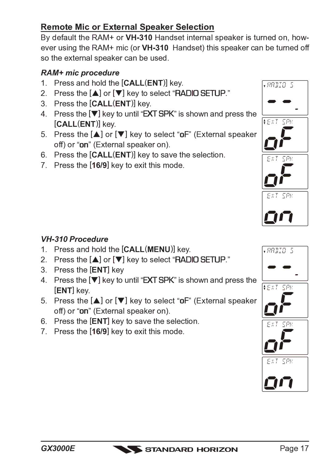 Standard Horizon Matrix GX3000E owner manual Remote Mic or External Speaker Selection, RAM+ mic procedure 