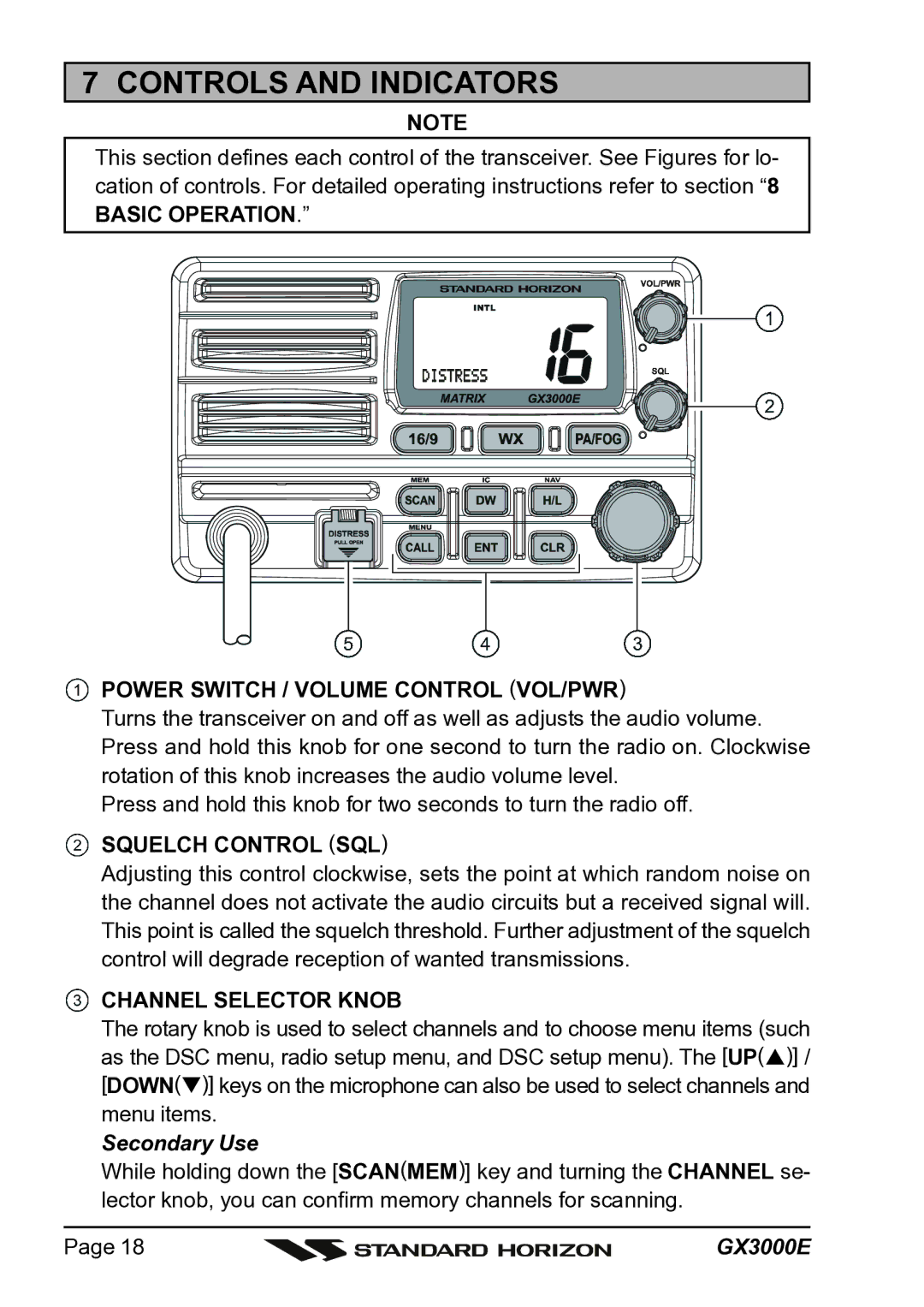 Standard Horizon Matrix GX3000E owner manual Controls and Indicators, Basic Operation Power Switch / Volume Control VOL/PWR 