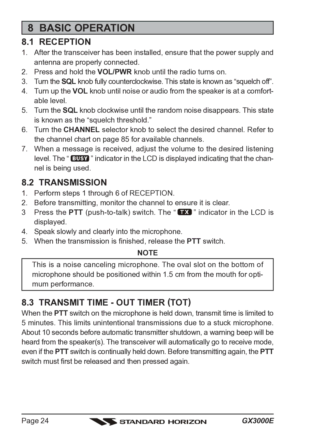 Standard Horizon Matrix GX3000E owner manual Basic Operation, Reception, Transmission, Transmit Time OUT Timer TOT 