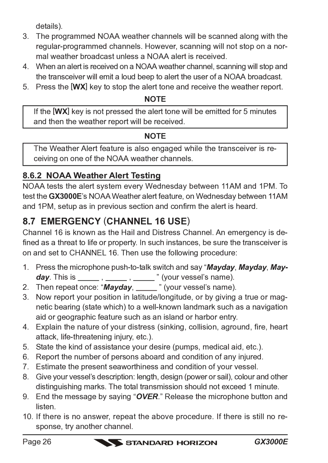 Standard Horizon Matrix GX3000E owner manual Emergency Channel 16 USE, Noaa Weather Alert Testing 