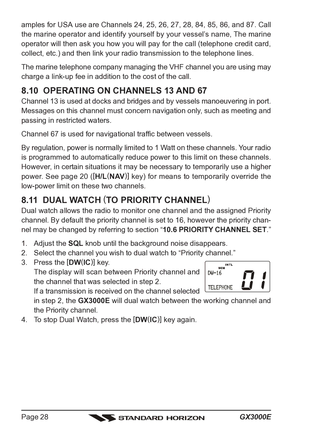 Standard Horizon Matrix GX3000E owner manual Operating on Channels 13, Dual Watch to Priority Channel 