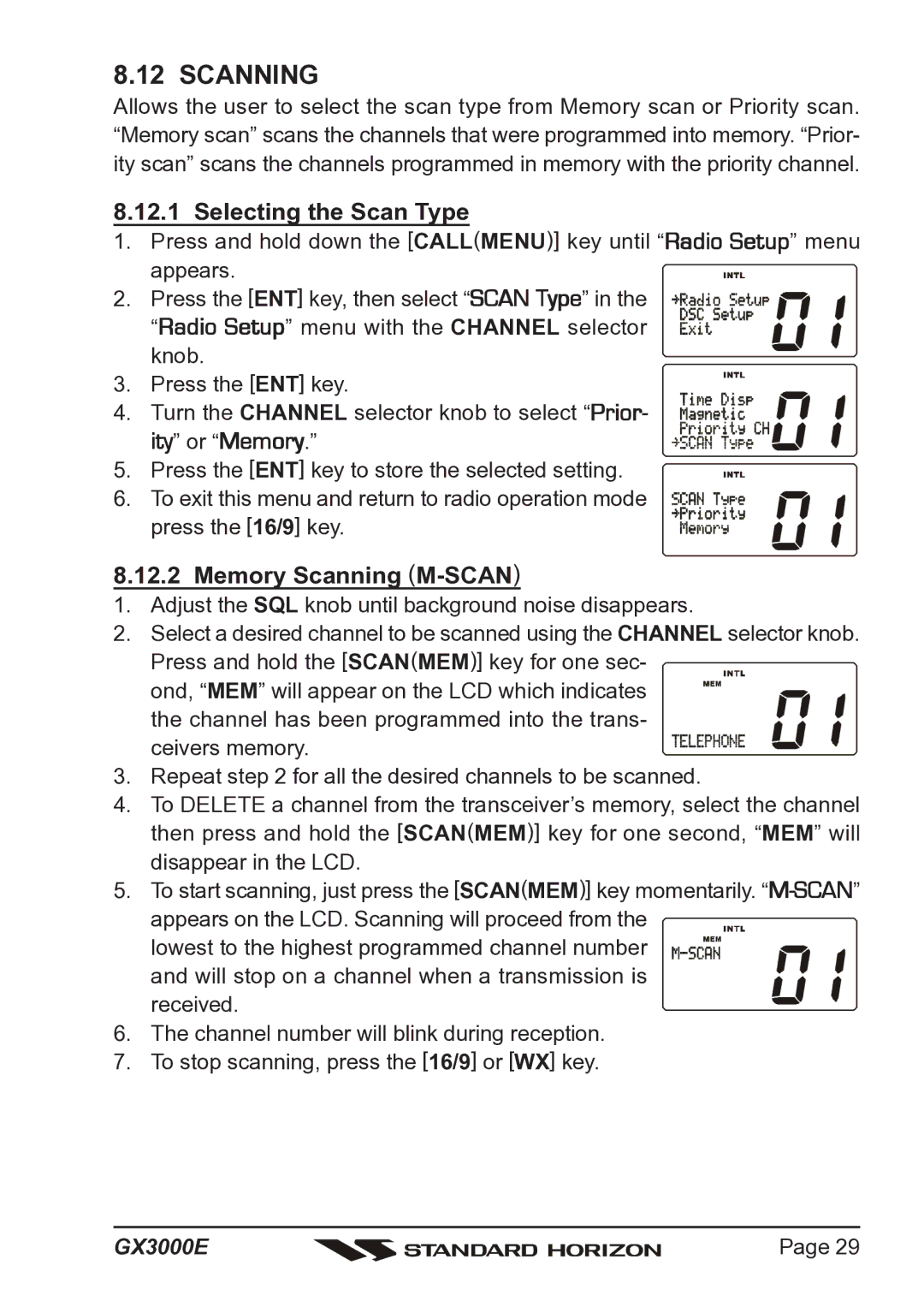 Standard Horizon Matrix GX3000E owner manual Selecting the Scan Type, Memory Scanning M-SCAN 