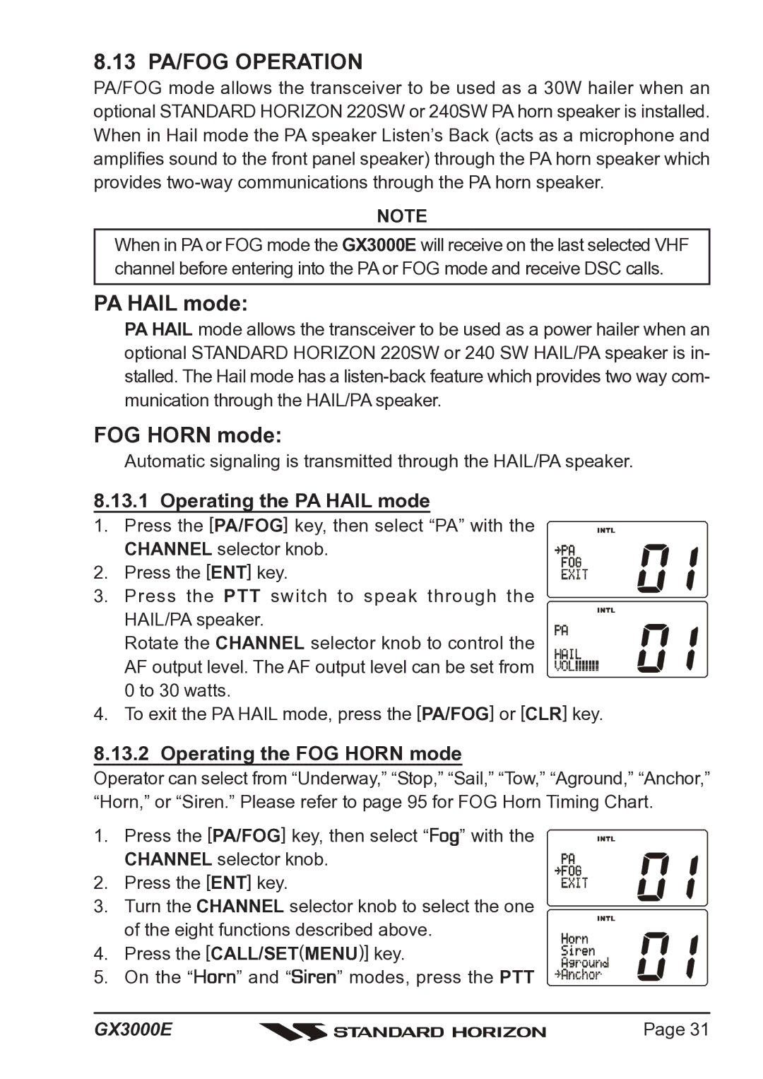 Standard Horizon Matrix GX3000E owner manual 13 PA/FOG Operation, Operating the PA Hail mode, Operating the FOG Horn mode 