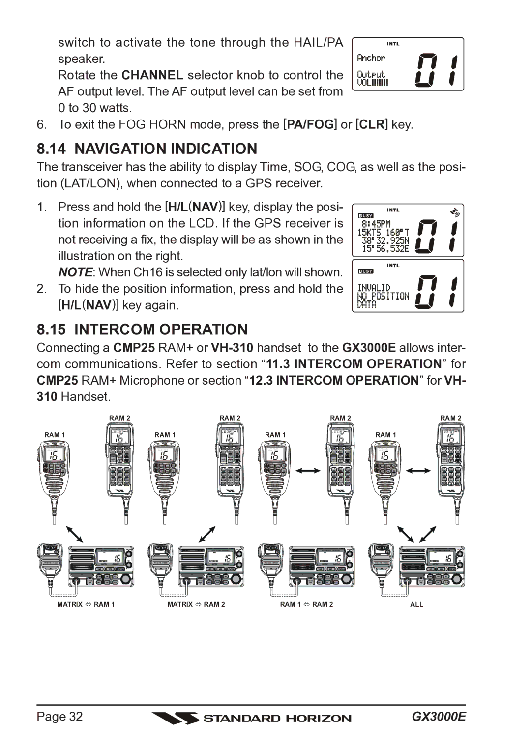 Standard Horizon Matrix GX3000E owner manual Navigation Indication, Intercom Operation 