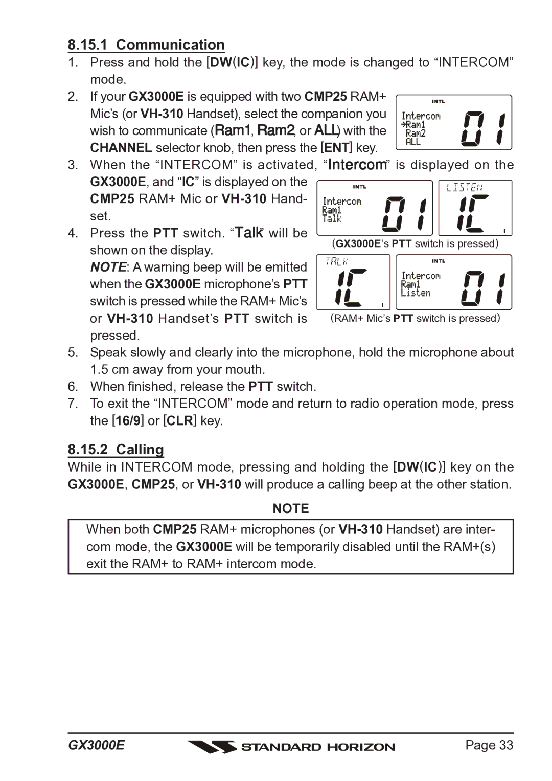 Standard Horizon Matrix GX3000E owner manual Communication, Calling 