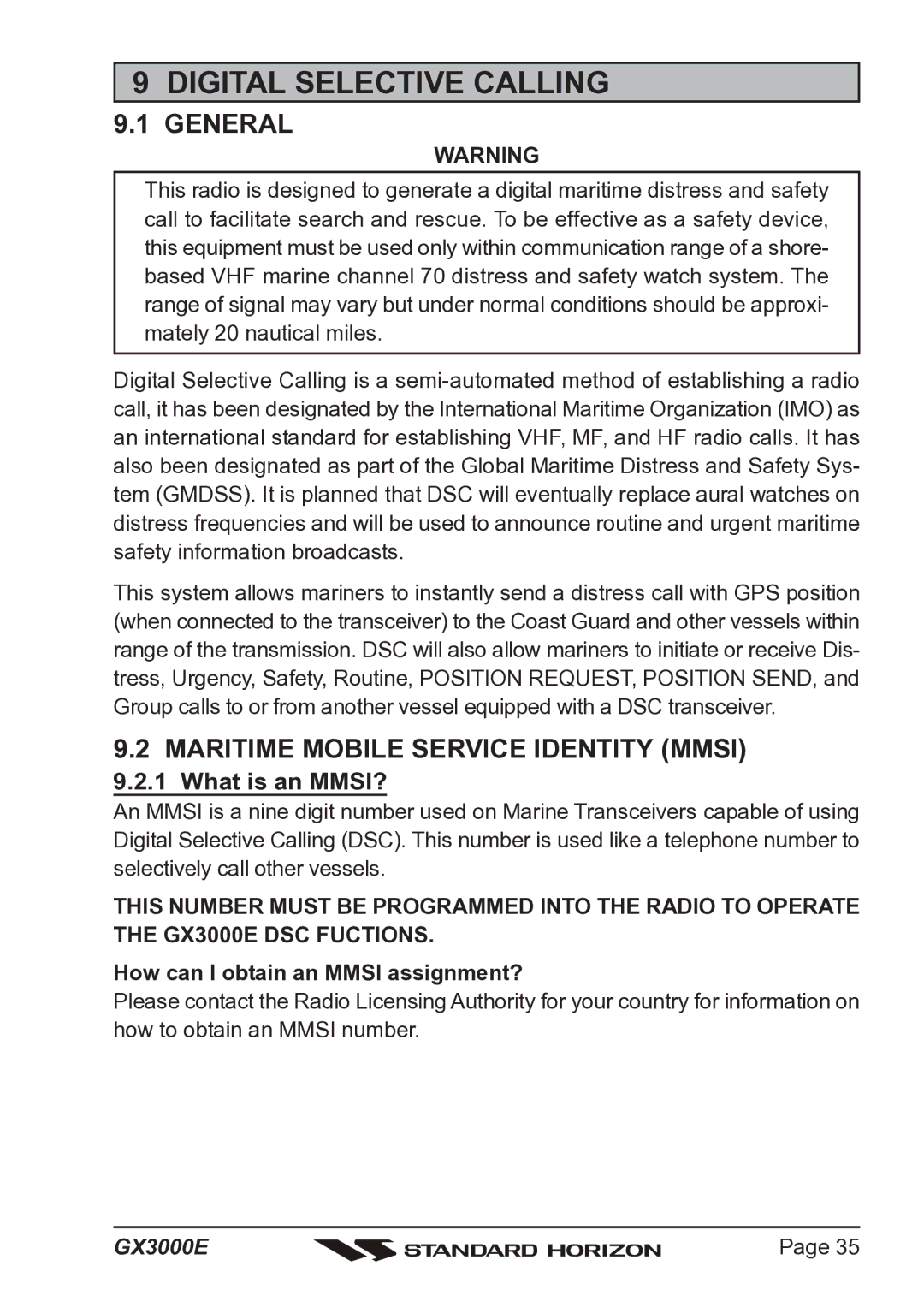 Standard Horizon Matrix GX3000E owner manual Digital Selective Calling, General, Maritime Mobile Service Identity Mmsi 