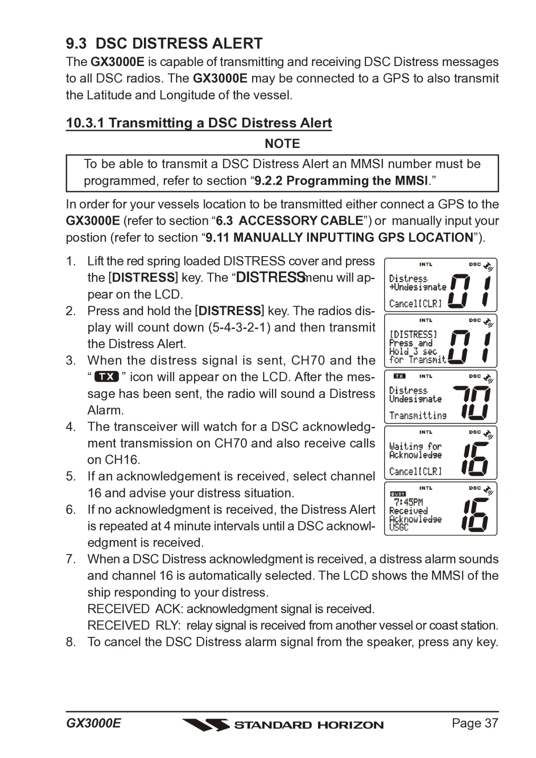 Standard Horizon Matrix GX3000E owner manual Transmitting a DSC Distress Alert 