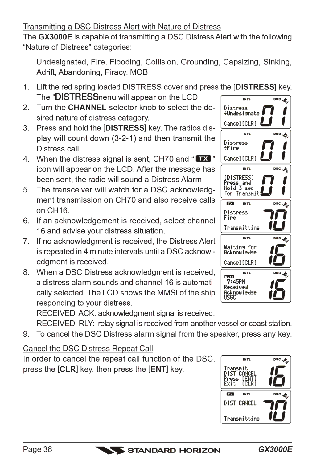 Standard Horizon Matrix GX3000E owner manual Transmitting a DSC Distress Alert with Nature of Distress 