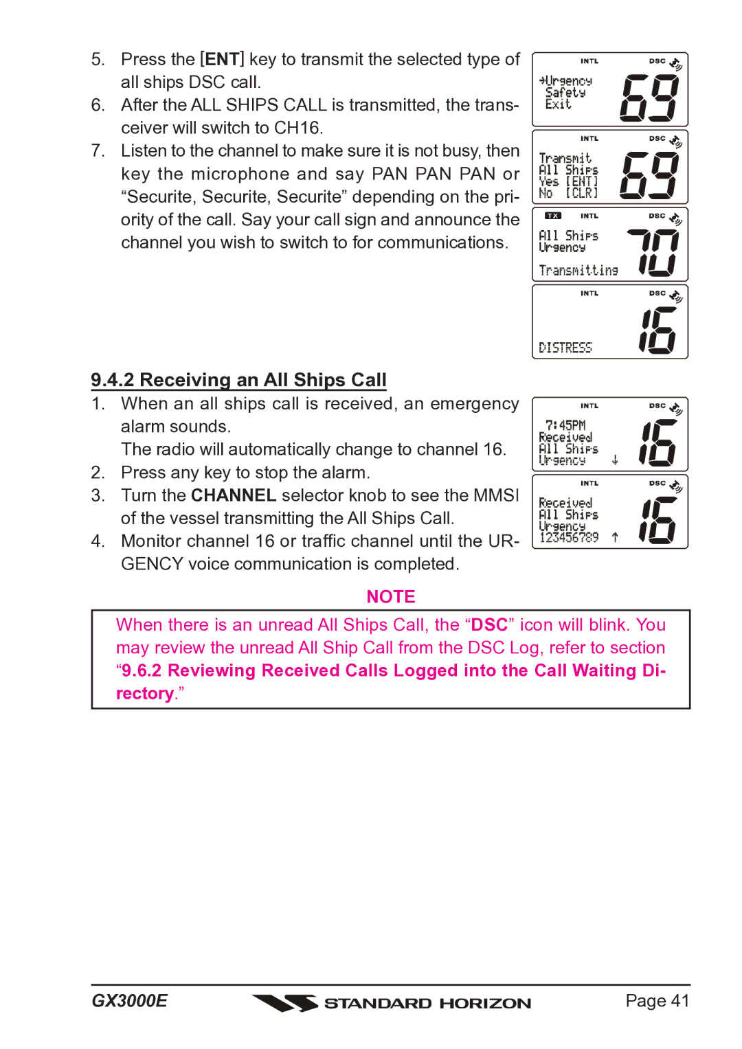 Standard Horizon Matrix GX3000E owner manual Receiving an All Ships Call 