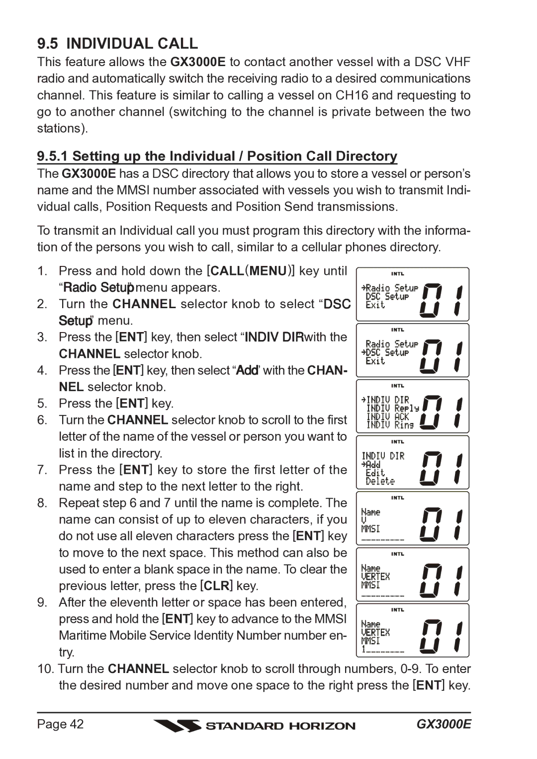 Standard Horizon Matrix GX3000E owner manual Individual Call, Setting up the Individual / Position Call Directory 