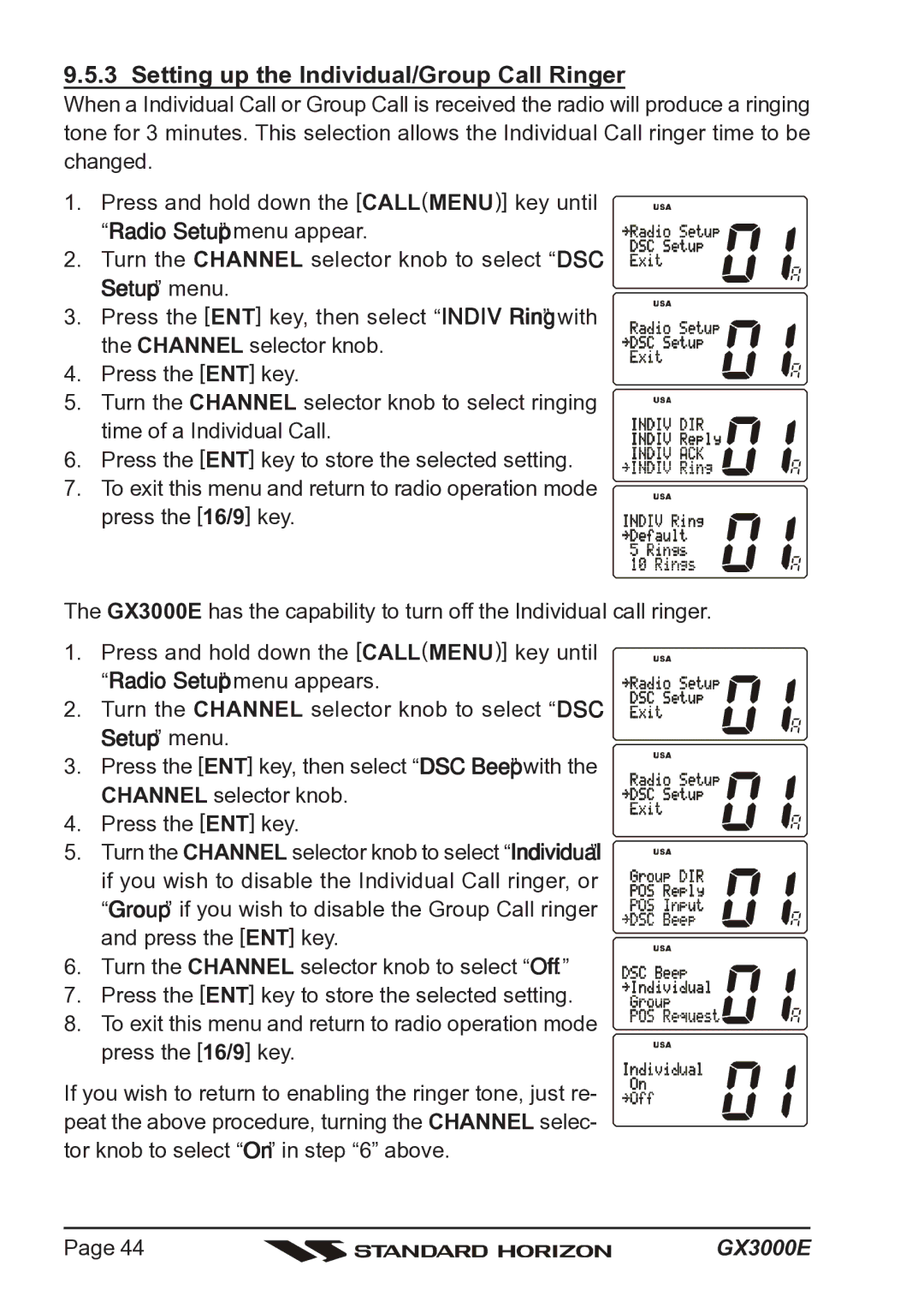 Standard Horizon Matrix GX3000E owner manual Setting up the Individual/Group Call Ringer 