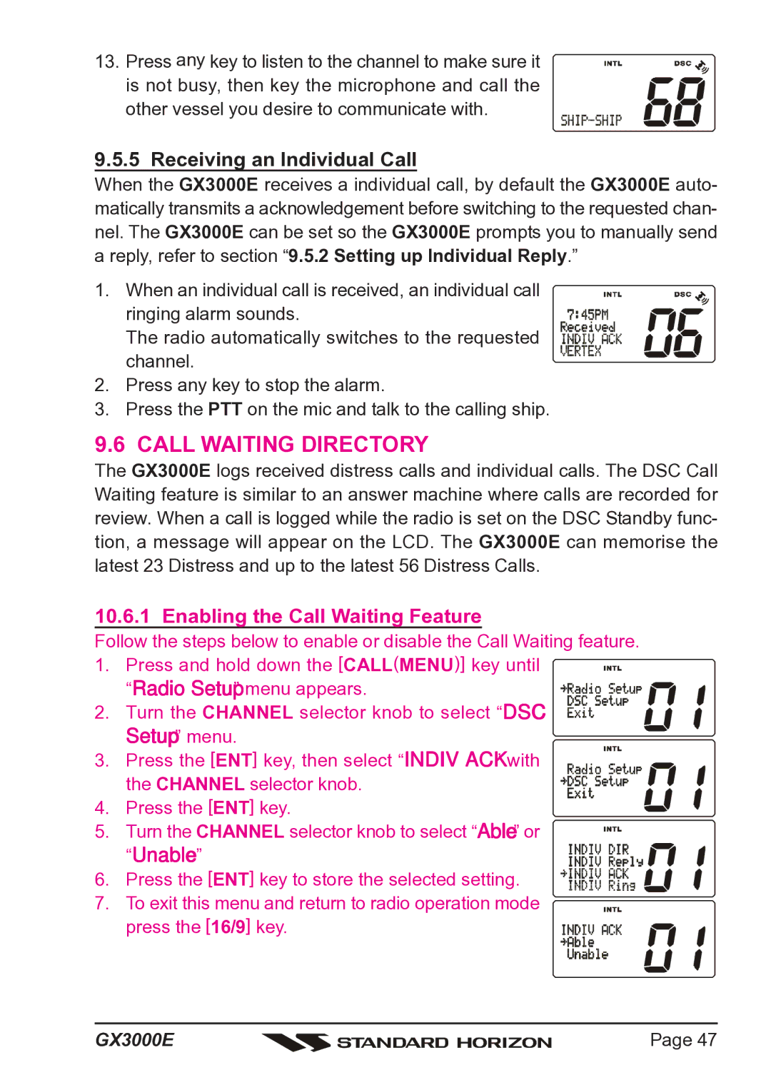 Standard Horizon Matrix GX3000E owner manual Call Waiting Directory, Receiving an Individual Call 