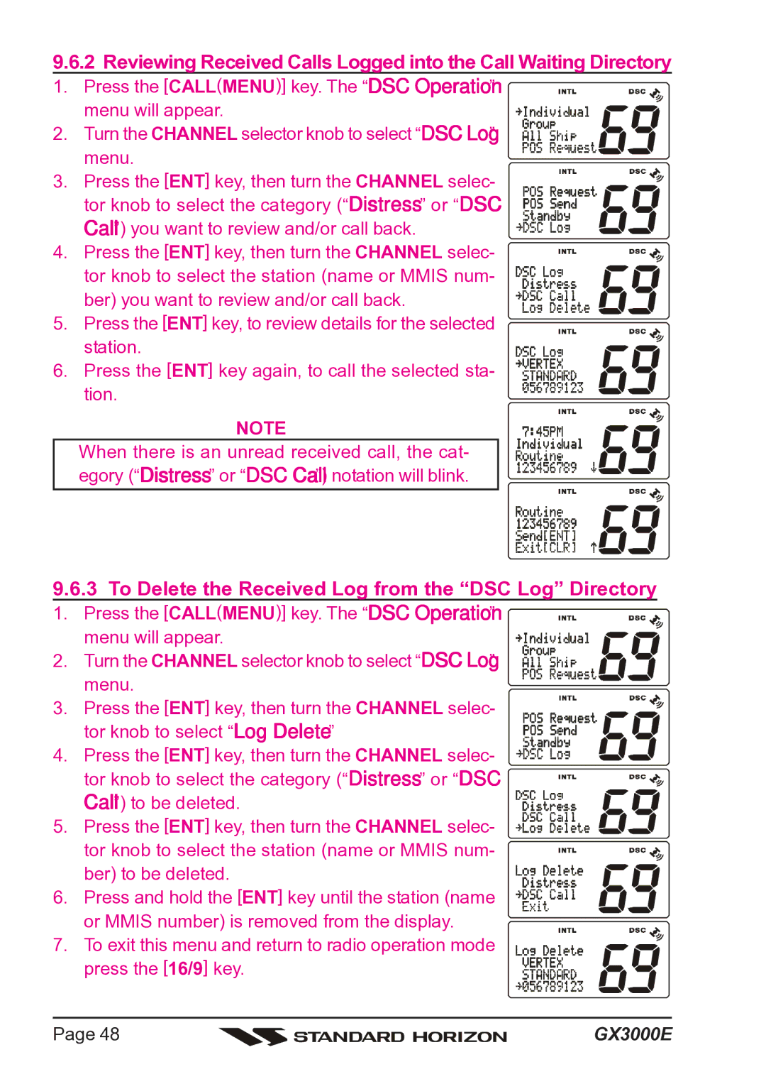 Standard Horizon Matrix GX3000E owner manual To Delete the Received Log from the DSC Log Directory 