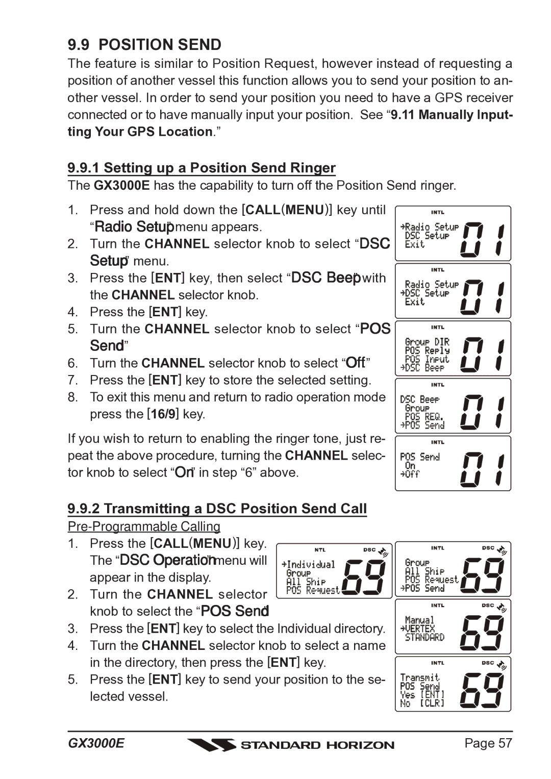 Standard Horizon Matrix GX3000E owner manual Setting up a Position Send Ringer, Transmitting a DSC Position Send Call 