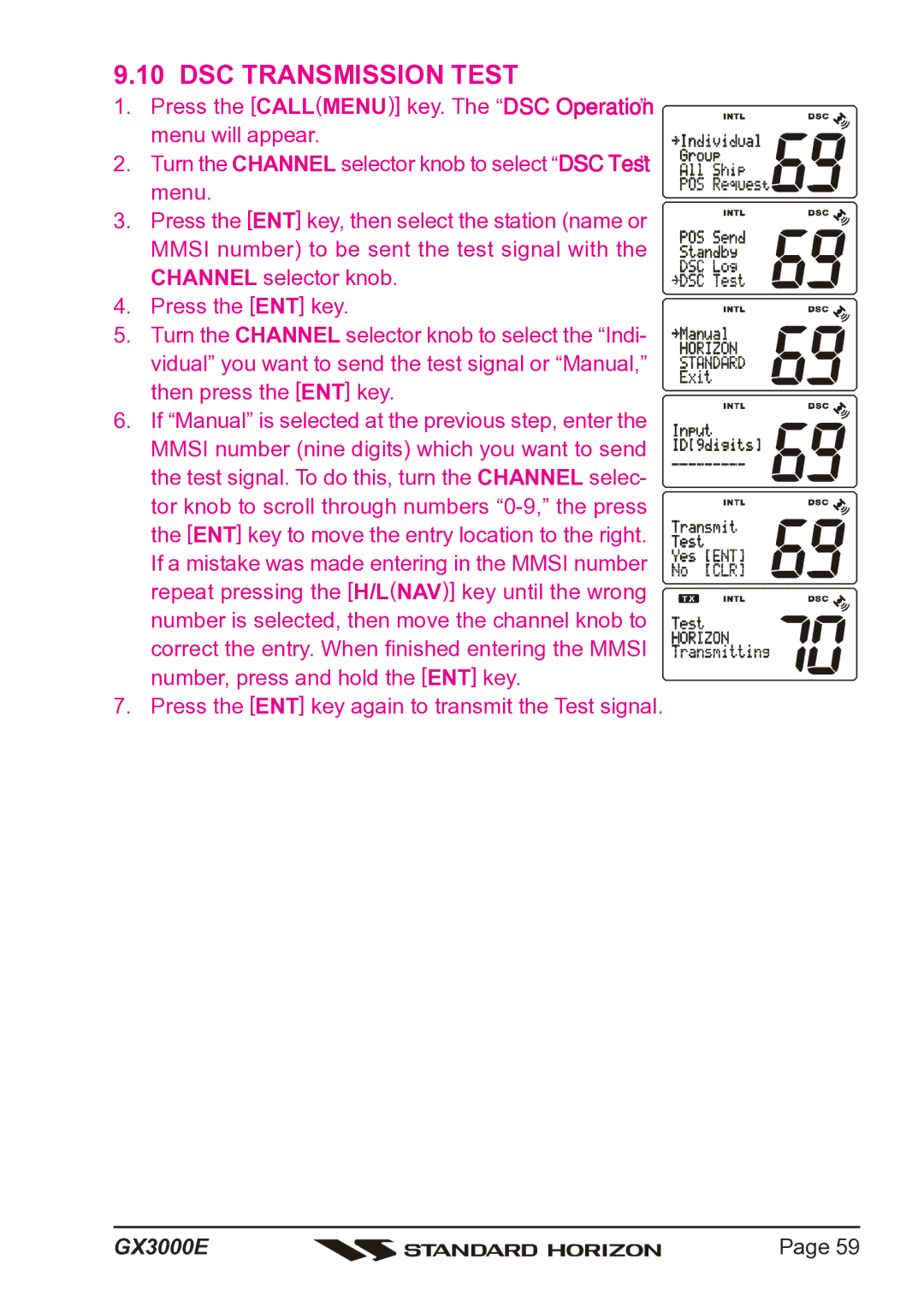 Standard Horizon Matrix GX3000E owner manual DSC Transmission Test 