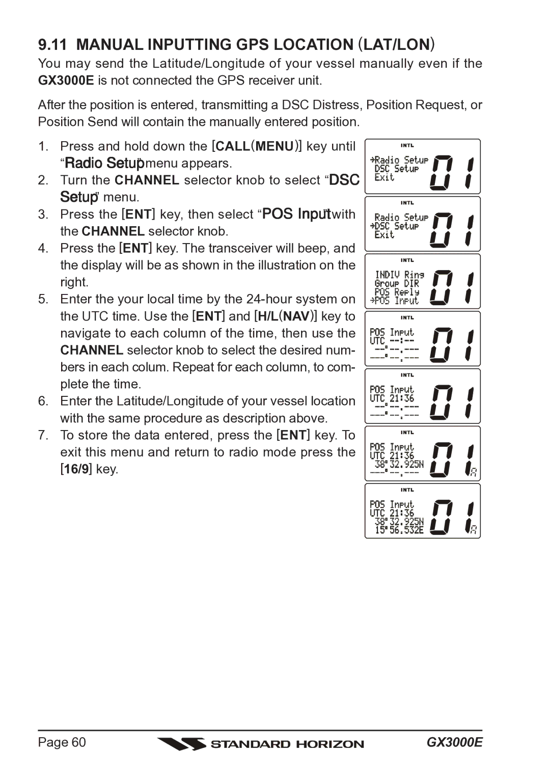 Standard Horizon Matrix GX3000E owner manual Manual Inputting GPS Location LAT/LON 