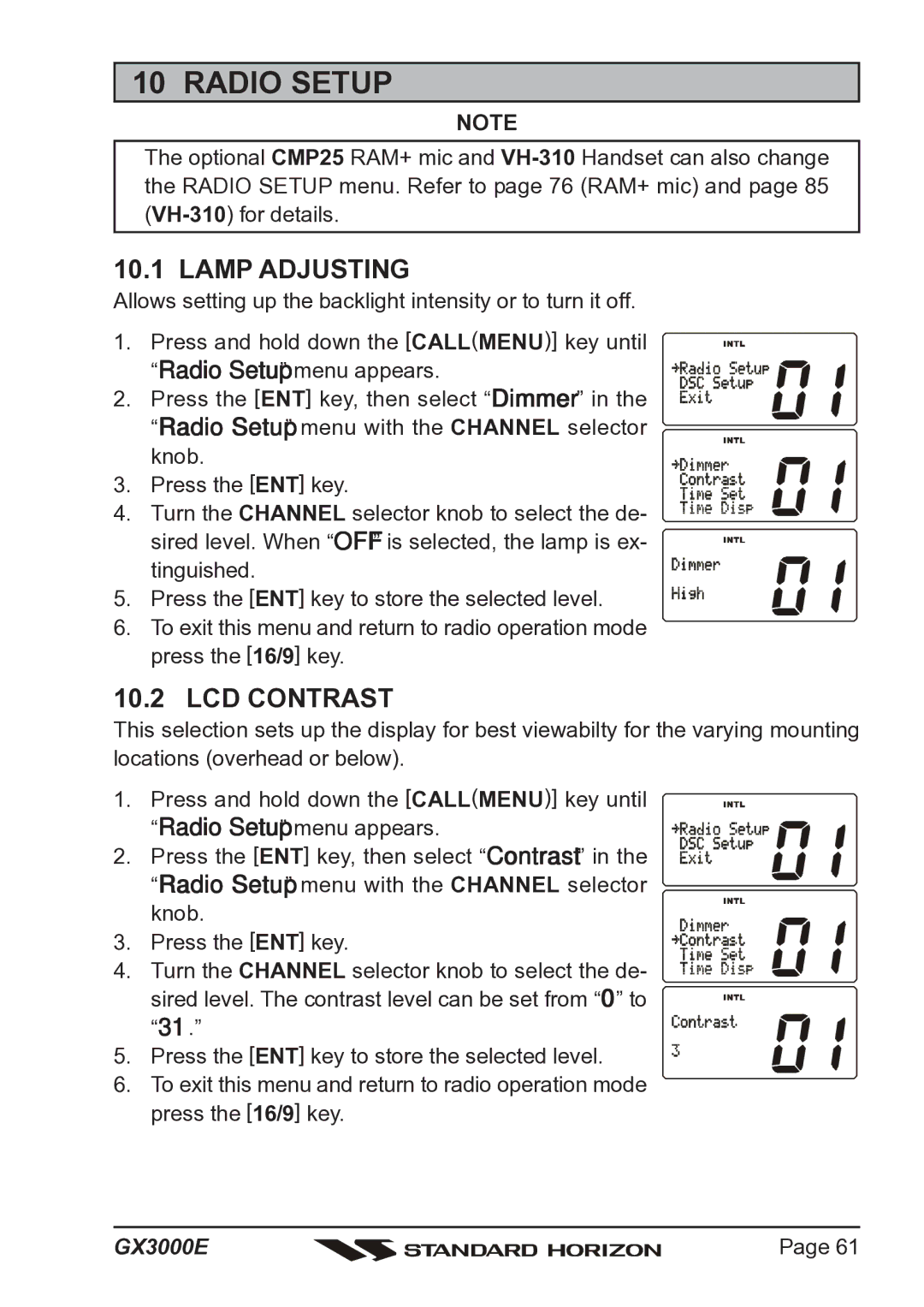 Standard Horizon Matrix GX3000E owner manual Radio Setup, Lamp Adjusting, LCD Contrast 