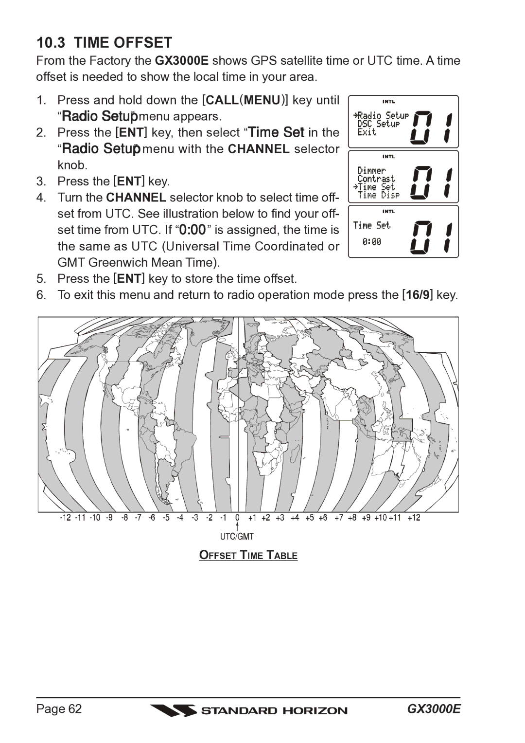 Standard Horizon Matrix GX3000E owner manual Time Offset 