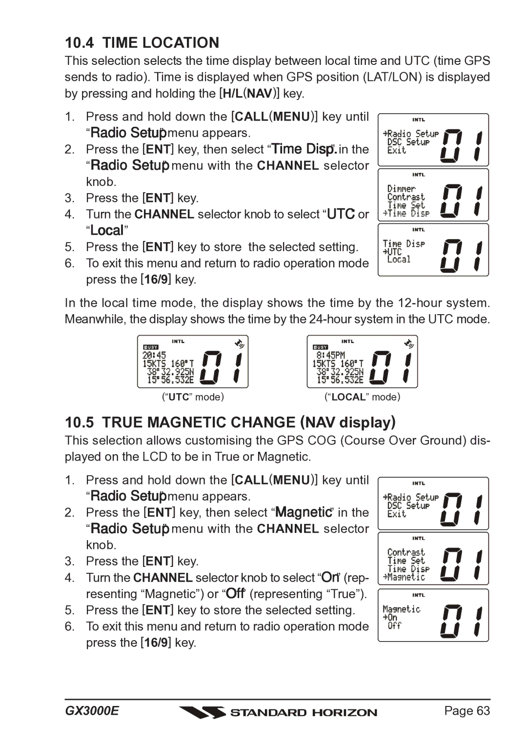 Standard Horizon Matrix GX3000E owner manual Time Location, True Magnetic Change NAV display 