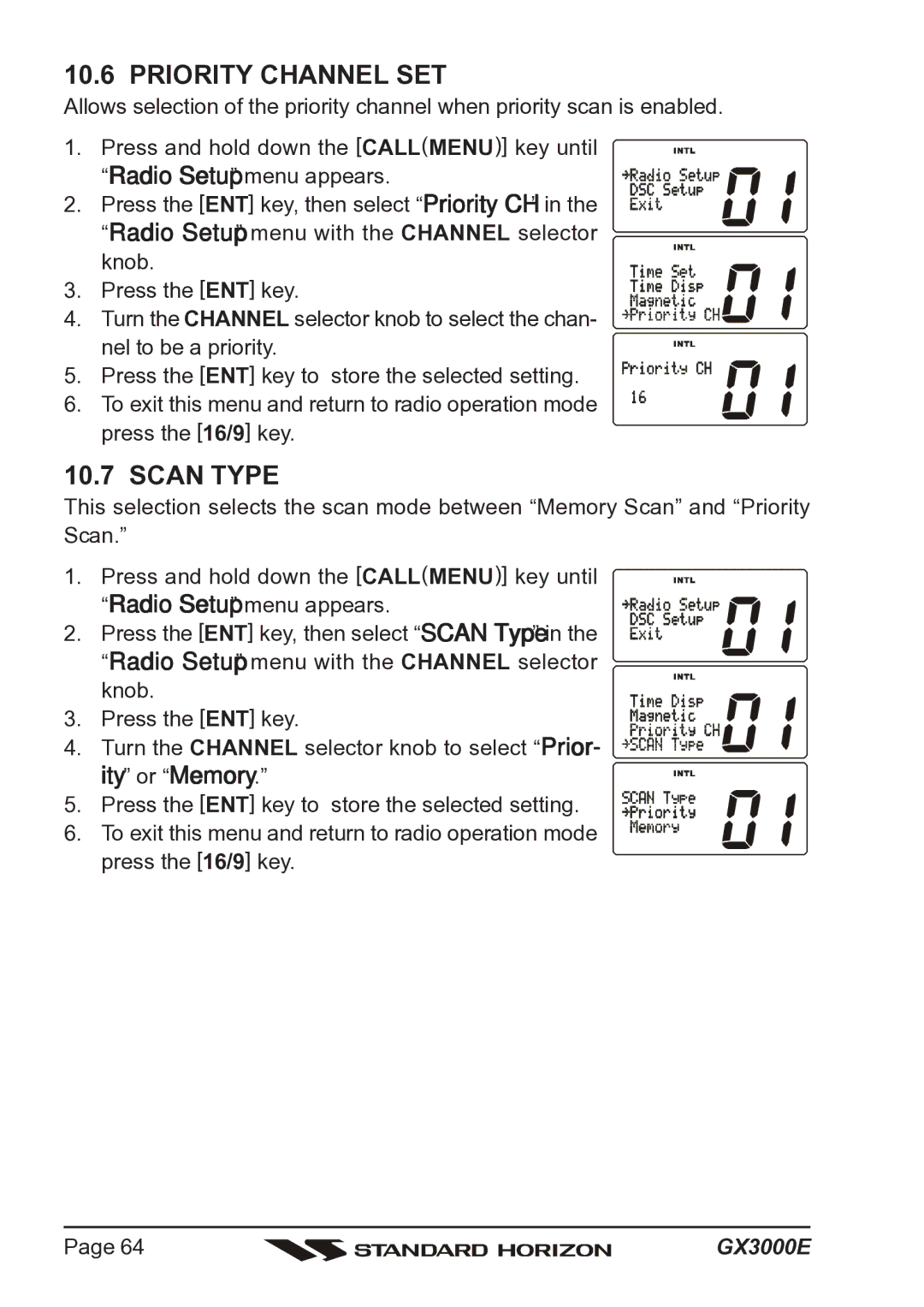 Standard Horizon Matrix GX3000E owner manual Priority Channel SET, Scan Type 