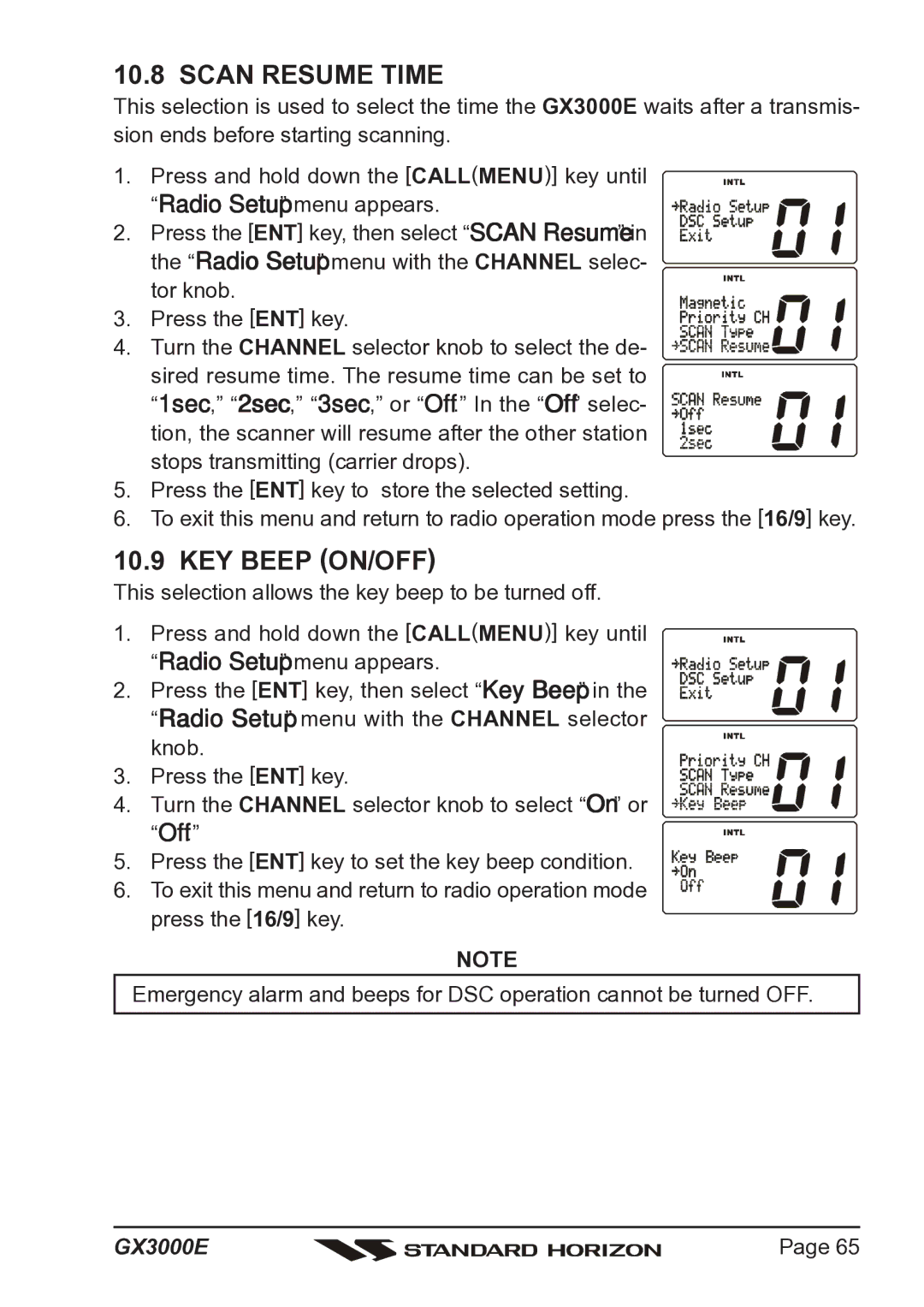 Standard Horizon Matrix GX3000E owner manual Scan Resume Time, KEY Beep ON/OFF 