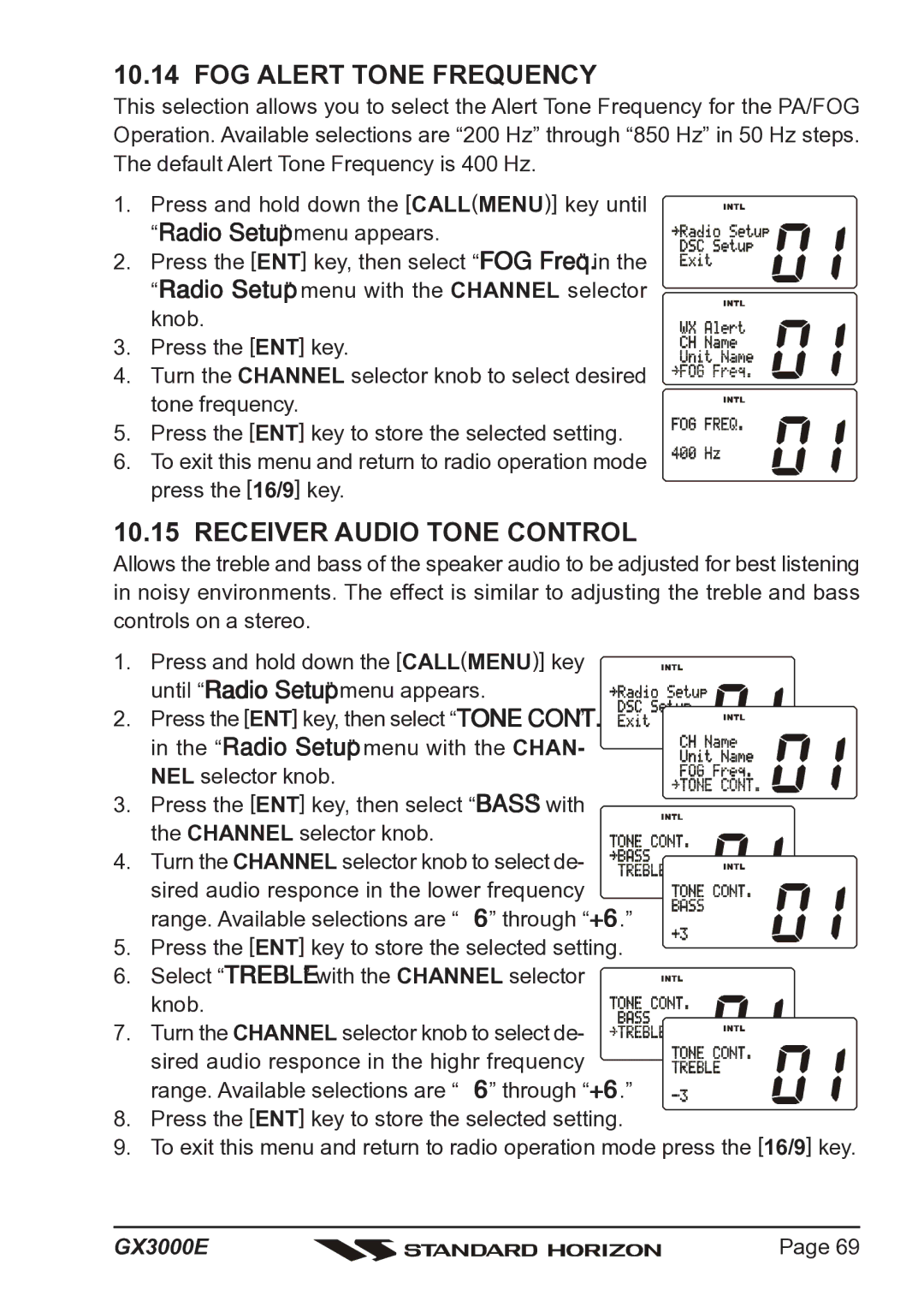 Standard Horizon Matrix GX3000E owner manual FOG Alert Tone Frequency, Receiver Audio Tone Control 