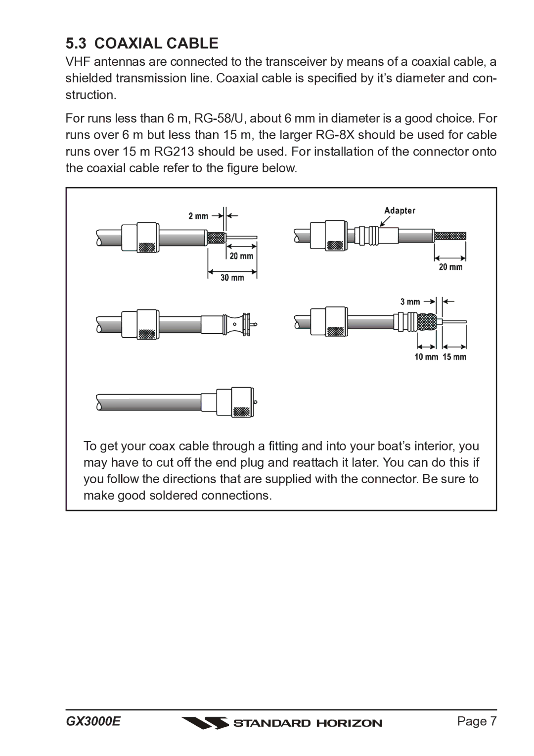 Standard Horizon Matrix GX3000E owner manual Coaxial Cable 